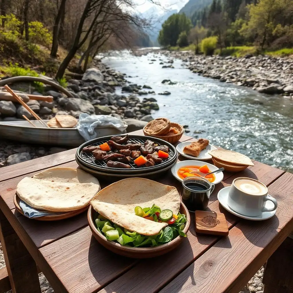 Grilled meat, salad and fruit set out on the bank of the Neretva