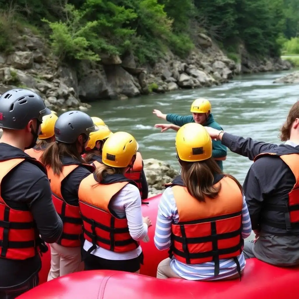 A guide briefing a group in helmets and life vests on the river bank